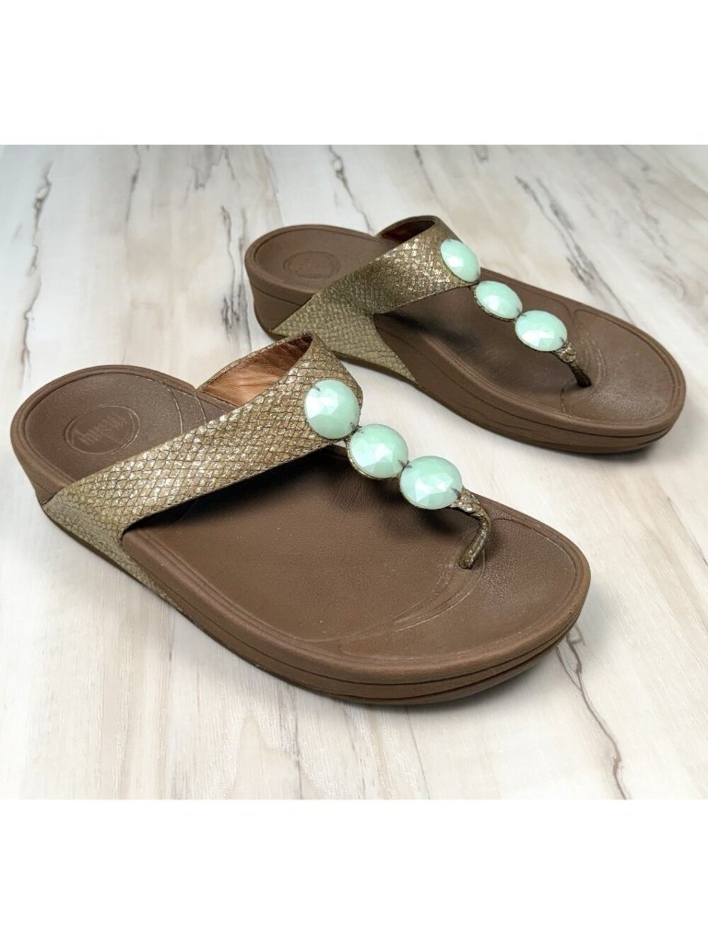 FITFLOPS Womens US 7 Petra Textured Gold Jeweled Slip-On SANDALS Shoes 476-217
